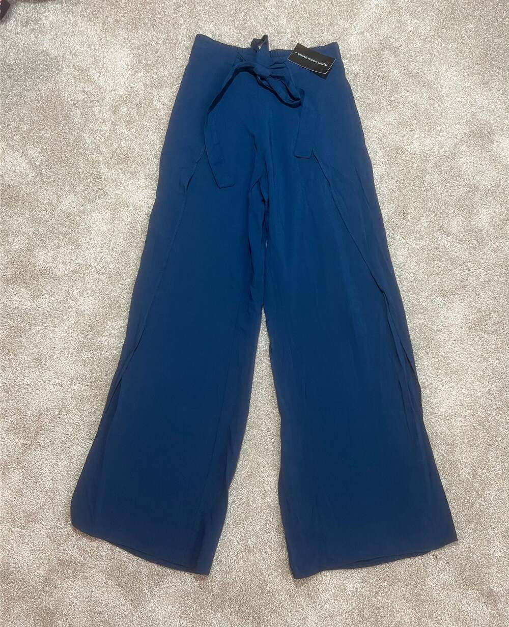 Juniper Blu Tie Front Wide Leg Split Pants Blue XS